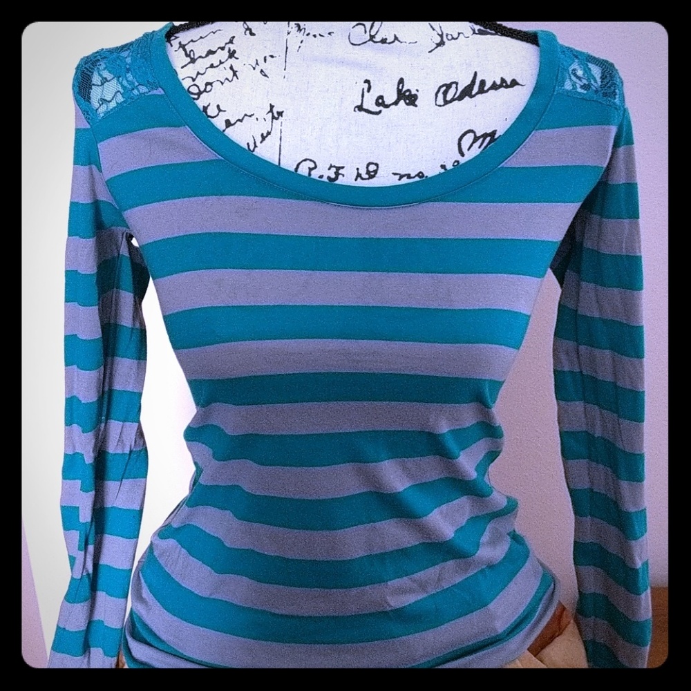 Lace Teal Striped Long Sleeve Top